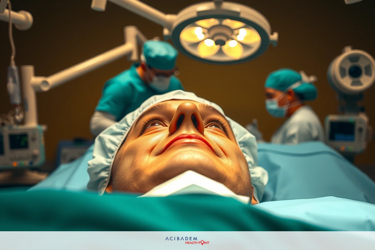 The image shows a male head with an open neck on a surgical operating table. The setting appears to be in a modern medical or hospital environment, suggested by the sterile surroundings and professional attire worn by the individuals present.