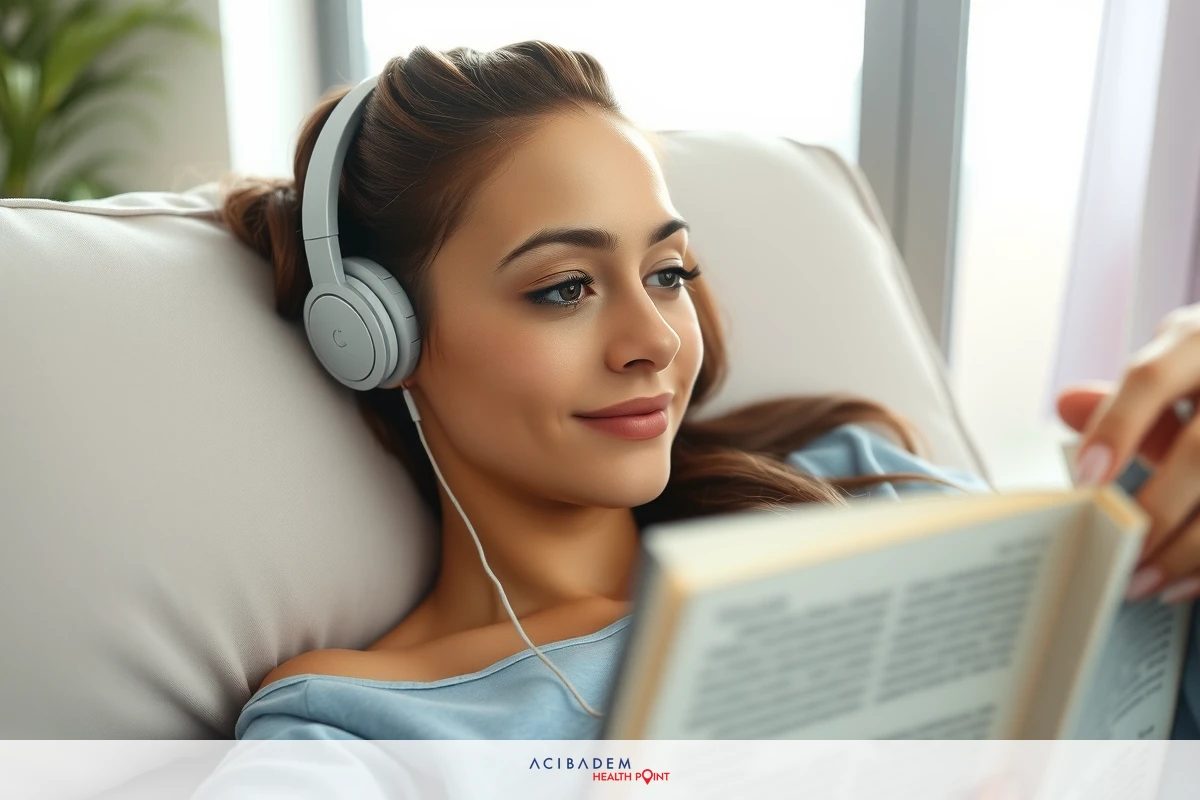 A woman in a relaxed pose with headphones, smiling and reading a book in an indoor setting.