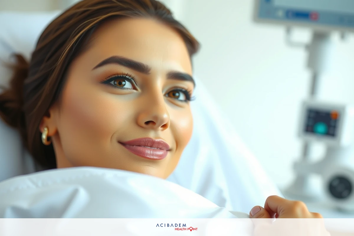 A woman in a hospital bed, smiling at the camera. She is lying down with her head resting on a pillow and has makeup on.