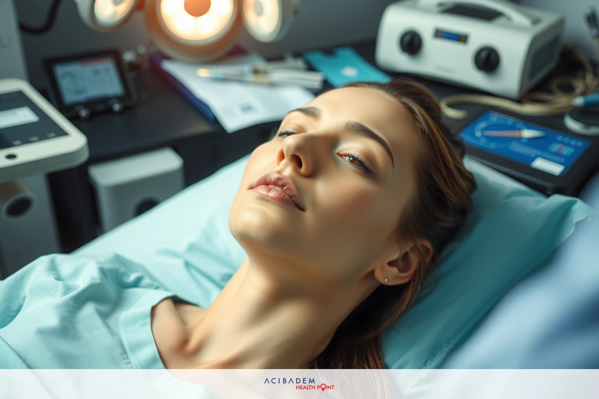 A woman lying on a medical table, under lights, with tubes and equipment surrounding her. She appears to be in a state of rest or possibly receiving healthcare.