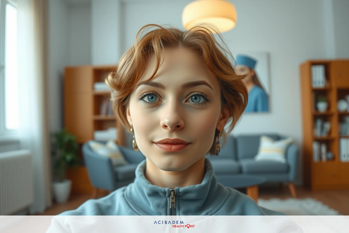 A person is sitting in a room with a blue couch, books on shelves, and modern furniture. The person appears to be wearing a grey top and has short hair.