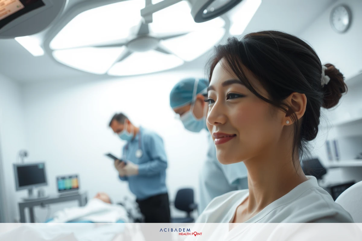 The image shows a medical setting with a patient seated and two doctors standing beside her. The patient is smiling, indicating they are having a positive interaction or experience during their visit to the doctor's office.