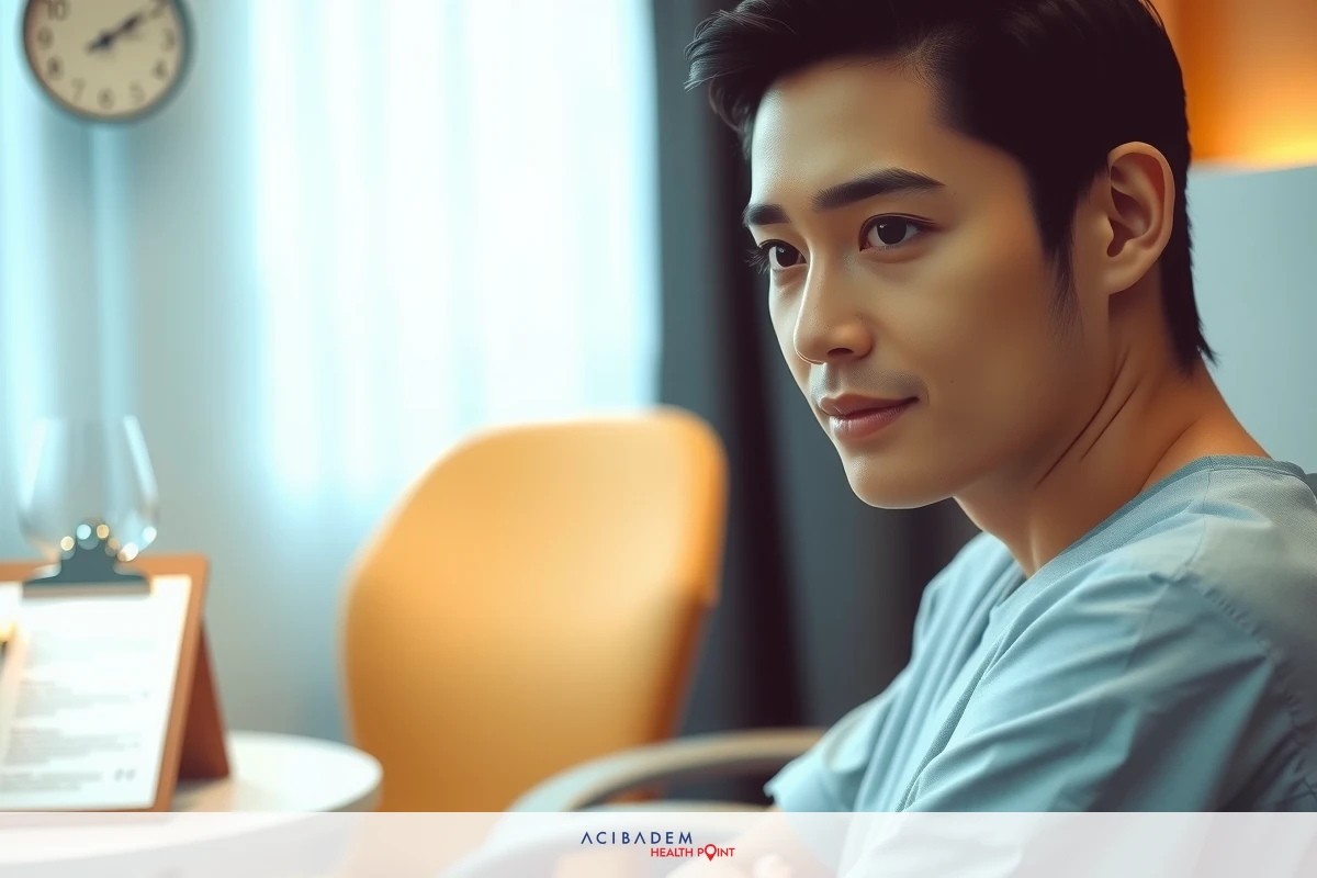 The image is a still from a drama or movie featuring a man in a medical setting. He's wearing a light blue outfit, sitting at a desk with papers and a glass of water.