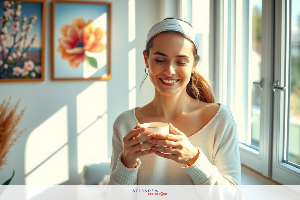 Woman seated inside, enjoying a warm drink from a white cup. She's smiling with a casual vibe. The room has natural light coming in through the window which suggests it might be daytime. The woman is wearing a light-colored sweater and has her hair up.