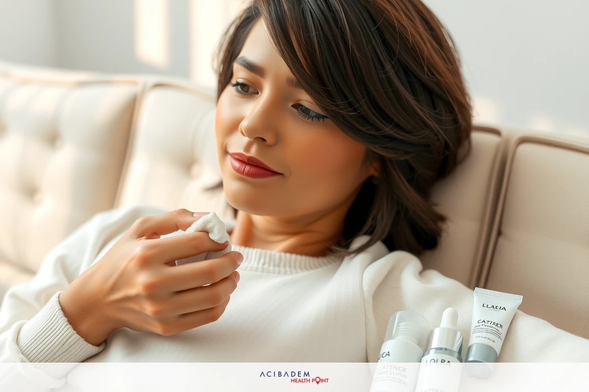 A woman is lounging on a couch, sipping a beverage. She wears a white sweater. On her lap are several skincare products in their packaging.