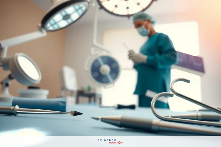 The image shows an operating room with a medical professional wearing scrubs and surgical mask. The environment is well-lit, with instruments commonly used in surgeries arranged neatly on the sterile surface of the operating table. Various types of surgical equipment are visible such as clamps, scissors, forceps, and syringes.