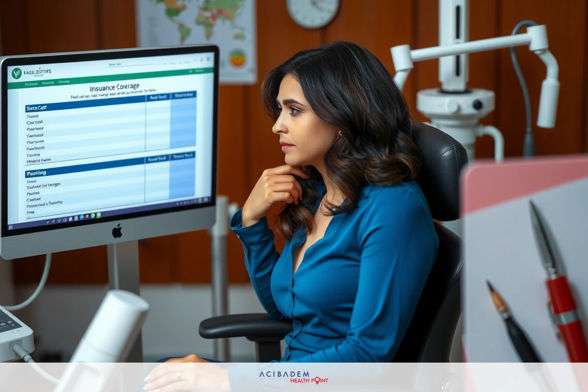 The image shows a woman sitting at a desk with a computer monitor in front of her. She is wearing a blue dress and appears to be focused on the screen, possibly working or viewing data displayed on it. The environment suggests an office setting, indicated by medical posters on the wall, which suggests she could be a doctor or involved in some healthcare work.