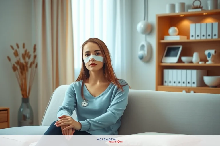 A young woman wearing a blue top sits on a couch, looking at her phone. She's holding it close to her face with an intent expression. The room has modern decor and furnishings.