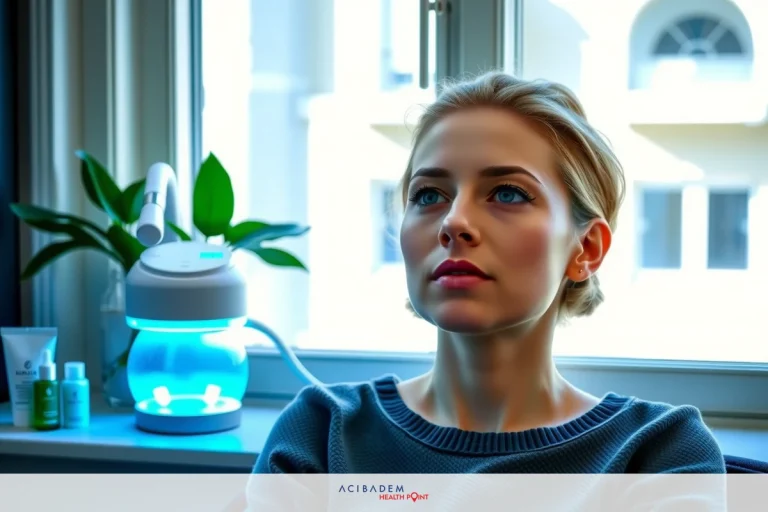 A woman in a grey sweater sitting at an office desk with a window behind her, staring into the distance. On the windowsill, there is a green plant and a blue air purifier. The room has a modern feel with its minimalist furniture and decor.
