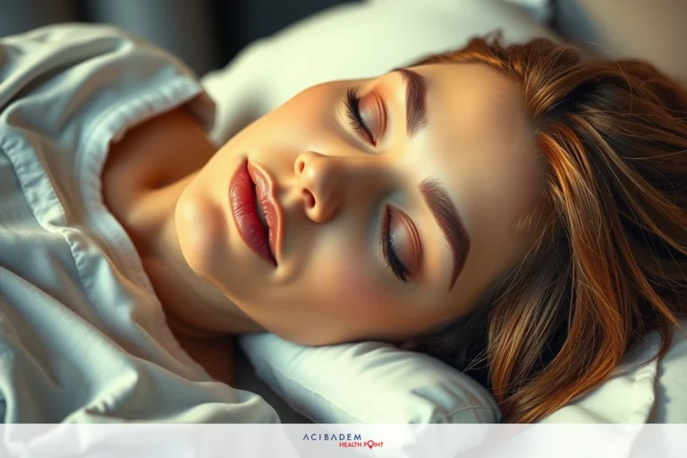 Can I Sleep on the Side After Rhinoplasty A woman's face peacefully resting on a white pillow. She has light-colored eyes and her hair is brown.