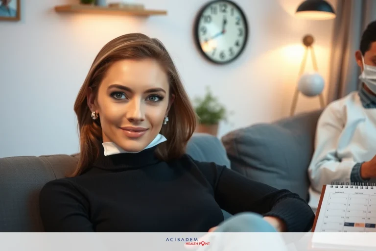 Can You Get Lip Filler After Rhinoplasty? The image shows a woman sitting on a couch in an office environment. She is wearing a black shirt and appears to be engaged in conversation with someone standing across from her.