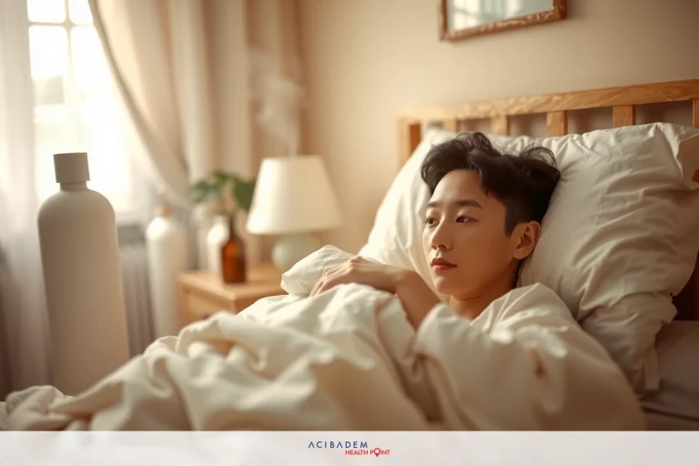 Is Sneezing Normal After Rhinoplasty? The image depicts a young person lying in bed with their eyes closed. They are wearing pajamas and the room has a warm, indoor lighting. The color palette is soft with earth tones dominating the scene.