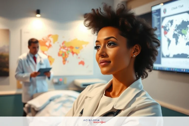 Where is the Best Country that Offer Rhinoplasty Procedure? A medical professional in a white lab coat leaning on her hands, engaged in a discussion with another individual. The background includes medical equipment and globes of the world, suggesting an environment related to healthcare or international medicine.
