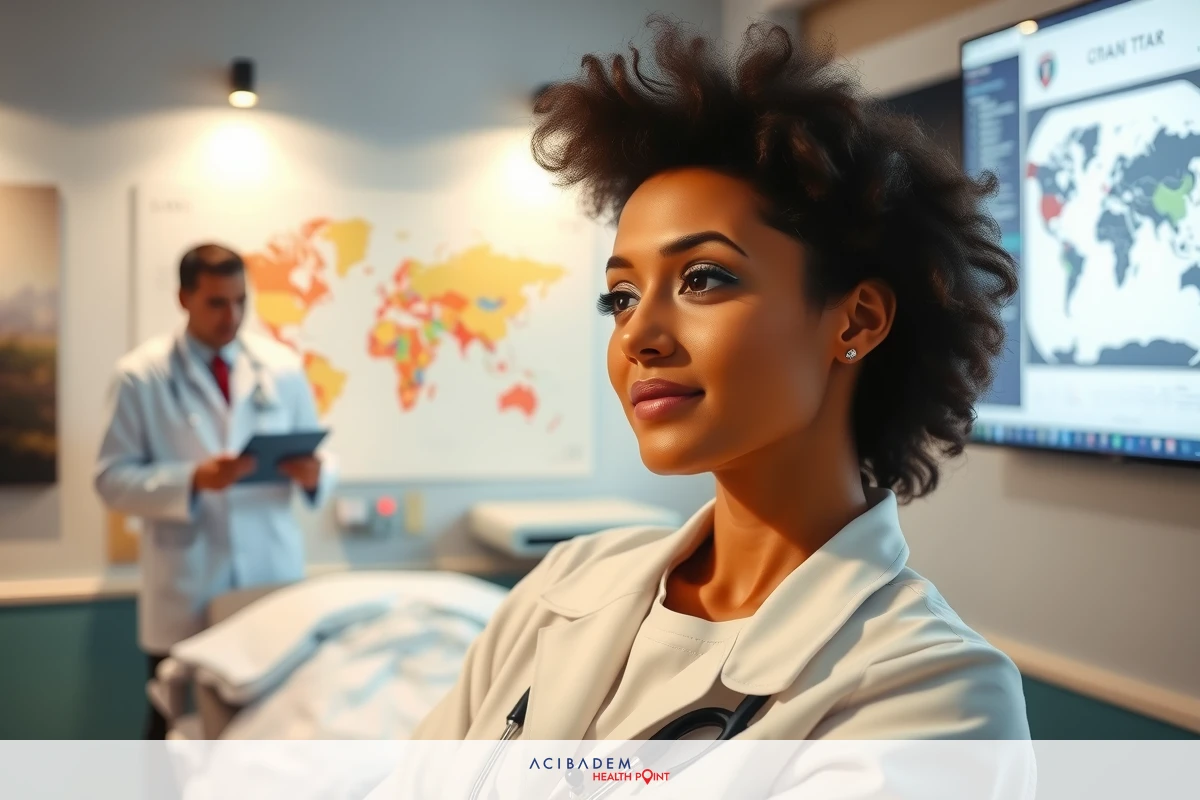 A medical professional in a white lab coat leaning on her hands, engaged in a discussion with another individual. The background includes medical equipment and globes of the world, suggesting an environment related to healthcare or international medicine.