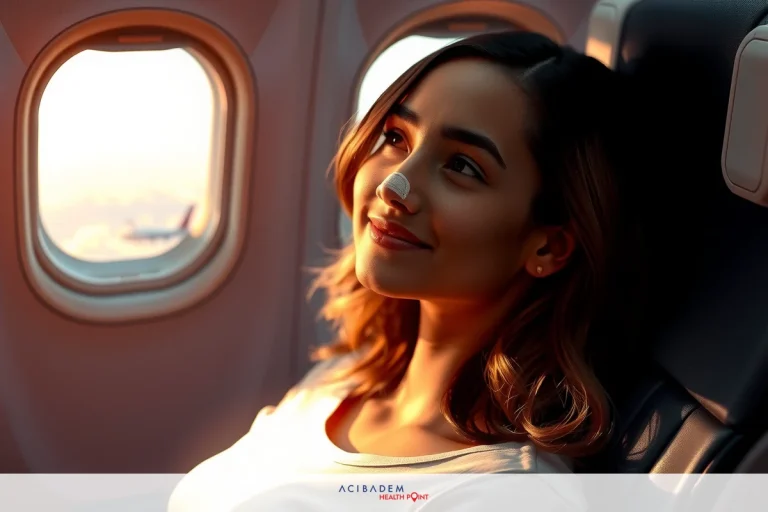 The image shows a woman with short hair, seated in an airplane cabin. She is wearing a white top and has a content smile on her face. Her eyes are closed as if she's enjoying the experience or possibly sleeping. The environment suggests it might be sunset or dawn outside, given the warm light coming through the plane window.