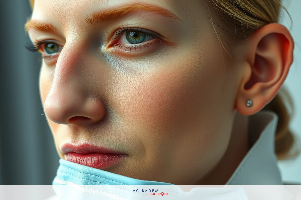 The image shows a person, likely female due to the presence of breasts, looking directly at the camera with a neutral expression.