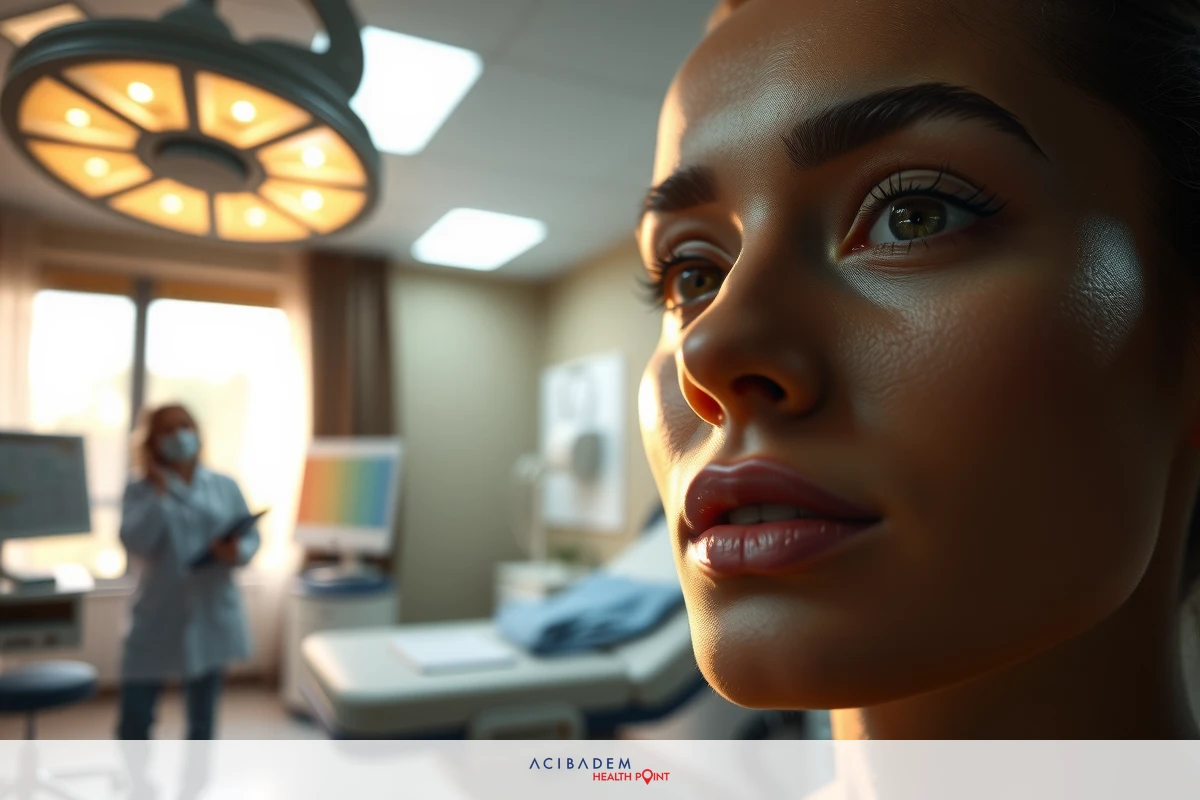 The image features a woman in the foreground, with a blurred background that suggests an operating room setting. The focus is on the woman's face and upper body, showcasing her makeup and skin texture.