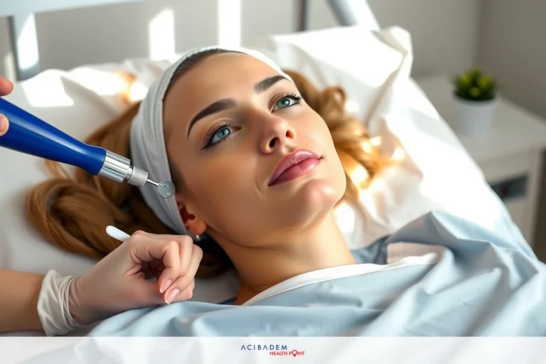 The image shows a woman lying down on a hospital bed. She is wearing medical headwear and appears to be receiving some kind of medical treatment. The environment suggests a clinical setting with sterile conditions, indicated by the use of blue coverings on the bed.