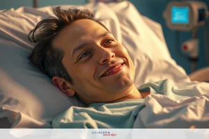 The image depicts a man lying in a hospital bed, smiling and looking at the camera. He appears to be in good spirits or possibly amused by something.