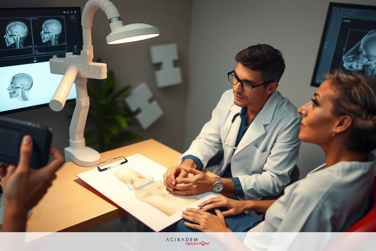 The image depicts a medical setting where a man and woman, both wearing white coats indicative of healthcare professionals, are seated at a table in front of various medical equipment. On the table is what appears to be a patient's head for diagnosis or analysis using a CT scan or similar technology. The environment suggests a modern medical practice with a focus on advanced diagnostic tools and procedures.