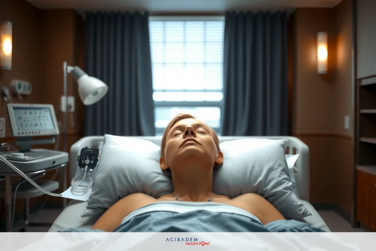 A person in a hospital bed with medical equipment. The individual is connected to machines that appear to be for monitoring their condition.