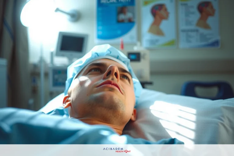 The image shows a man lying in a hospital bed, wearing a medical gown and mask. He is looking upwards with a focused or contemplative expression on his face.