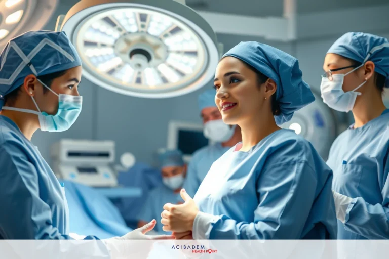 In a sterile operating room, several medical professionals dressed in surgical gowns and face masks are gathered. The environment suggests an atmosphere of professionalism and readiness for patient care.