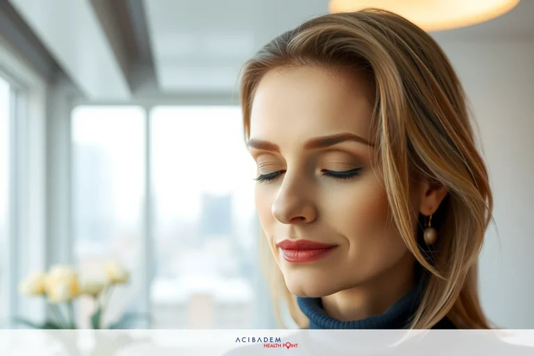 This image features a woman with a thoughtful expression, looking downwards and closing her eyes. She has short blonde hair, is wearing makeup, including red lipstick, and a dark top.