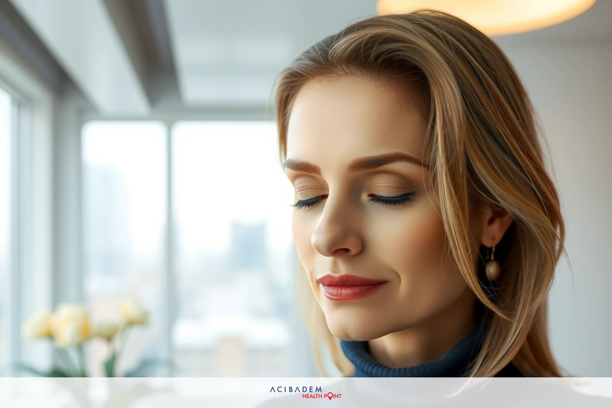 This image features a woman with a thoughtful expression, looking downwards and closing her eyes. She has short blonde hair, is wearing makeup, including red lipstick, and a dark top.