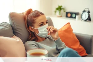 A young woman sitting on a couch, wearing a face mask. She is holding a cup of tea and appears to be resting or relaxing indoors.