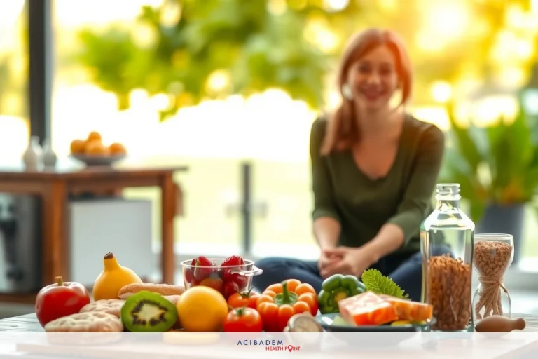 The image shows a woman sitting at a table filled with various fruits and vegetables. The setting appears to be indoors, possibly in a home kitchen or dining area. The woman seems happy or satisfied, with her hands clasped together. The scene suggests a focus on healthy eating habits.