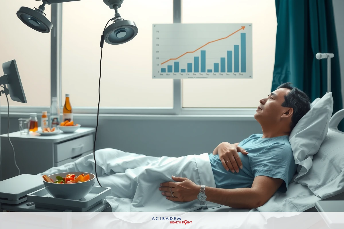 Man lying in hospital bed with medical equipment around him. There are graphs on the wall indicating some kind of data or monitoring. The environment suggests a healthcare setting.