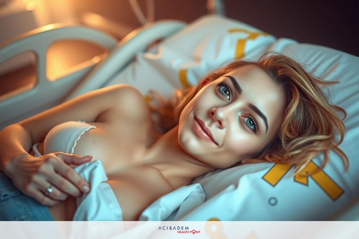 The image shows a young woman lying on a hospital bed. She is wearing a light-colored top and has short hair. Her facial expression appears calm, and she seems to be looking directly at the camera. The environment suggests a medical setting with hospital equipment visible in the background.