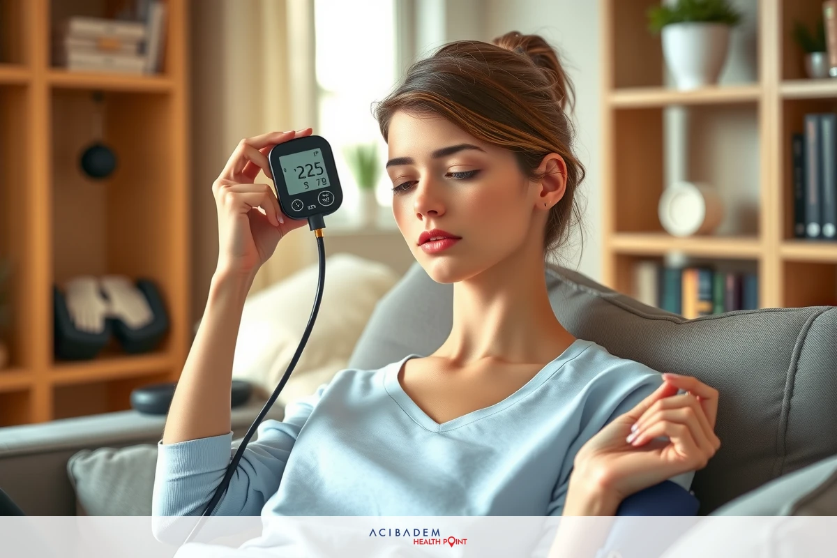 A woman is sitting on a gray couch in her living room, checking her blood pressure with an electronic device. She appears to be relaxed and focused. The living room has a warm and cozy ambiance with wooden furniture and books nearby.