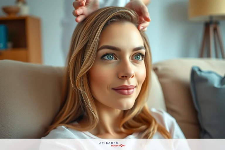 The image features a woman sitting on a couch. She has long hair and is looking at the camera with a smile. Her makeup appears to be done professionally, and she has a relaxed posture suggesting a casual or comfortable setting.