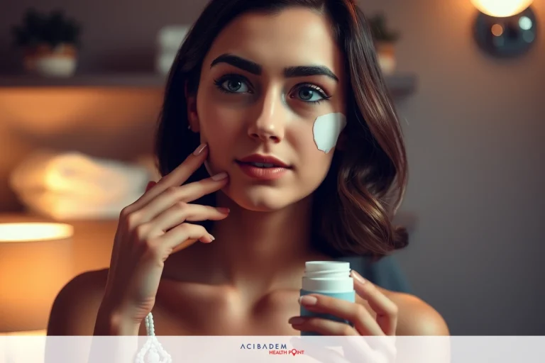 A woman applying skincare products to her face with a focus on her hands and the cream tube. The scene takes place in a bathroom setting.