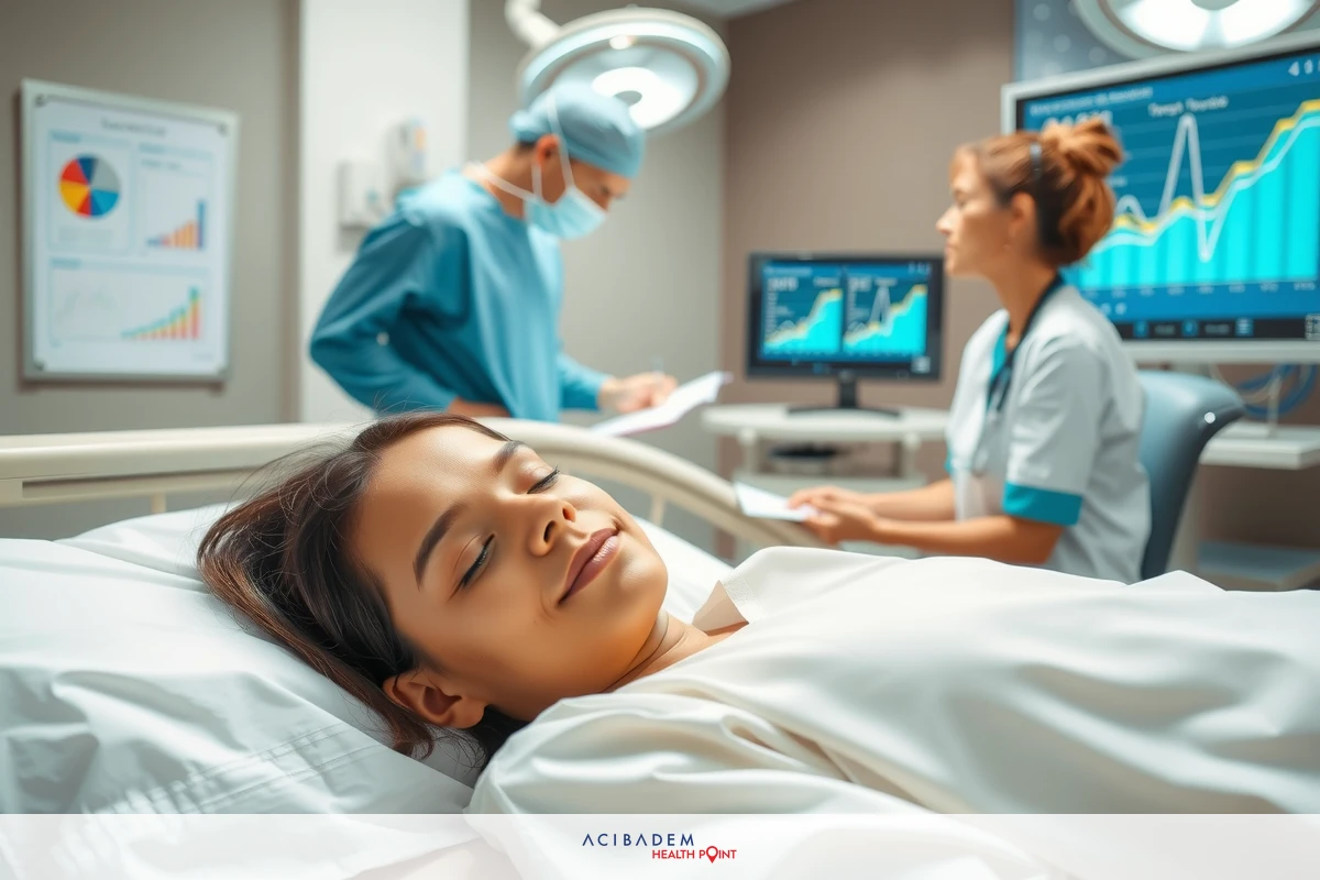 The image shows a medical scene with a woman lying in a hospital bed. There are two healthcare professionals, one at the foot of the bed and another standing behind it, both wearing surgical scrubs and masks. The room has an array of medical equipment including monitors and devices for patient care.