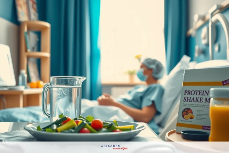 What’s Good to Eat After BBL Surgery The image portrays a hospital room with medical equipment, including an IV drip. A patient is visible on the bed, wearing a surgical mask. Various food and drink items are arranged nearby, possibly for the patient's meal or snack during recovery. The environment appears clean and clinical, typical of a hospital setting.