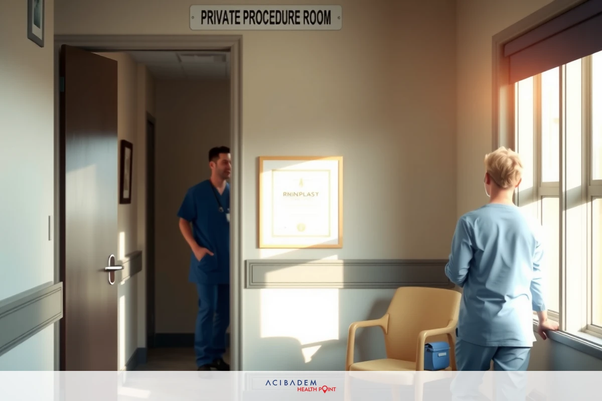 In a hospital setting, two medical professionals are engaged in conversation. One person is standing by the window with sunlight streaming through, wearing a white lab coat, while the other is seated on a chair at a desk area, dressed in a blue scrub. The wall behind them has signs indicating this as a private procedure room.