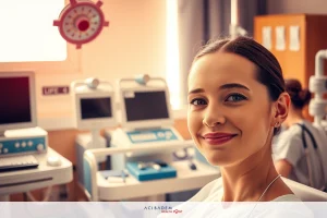 In this image, there is a young woman with a smile on her face. She appears to be in a modern medical setting.