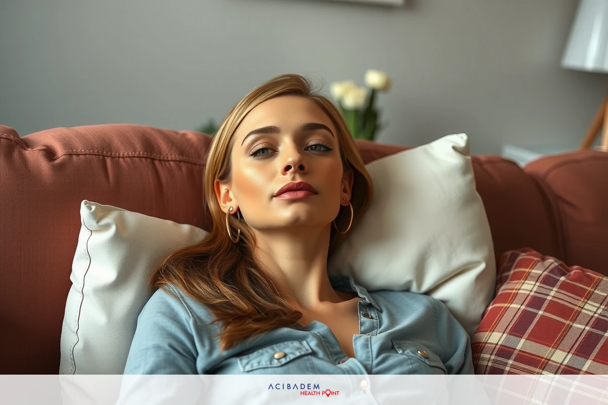 The image shows a woman lying down on a sofa, possibly in a living room or lounge area. She appears relaxed with her head resting on a pillow, and she is looking up at the camera with a calm expression.