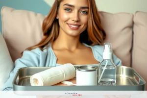 The image shows a woman seated comfortably, smiling gently. She is holding a silver tray with towels and what appears to be a bottle of water.