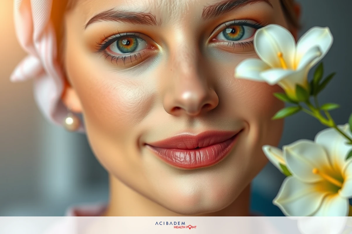 Smiling woman with red hair, wearing a pink headscarf. She is holding white flowers close to her face.