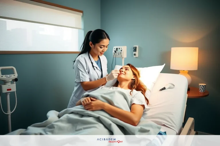 The image shows a medical setting where a nurse is tending to a patient lying on a hospital bed. The nurse, wearing scrubs and a stethoscope, appears to be examining or treating the patient who is covered with blankets up to their chest. The environment suggests a clinical atmosphere with lighting and furnishings typical of a hospital room.