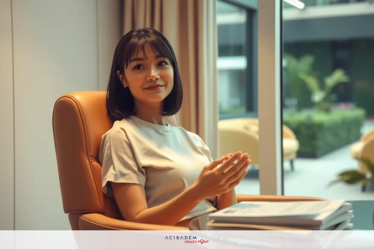 In an office setting, a young woman with short hair is seated at a desk. She's wearing a beige top and appears to be engaged in a conversation or meeting.