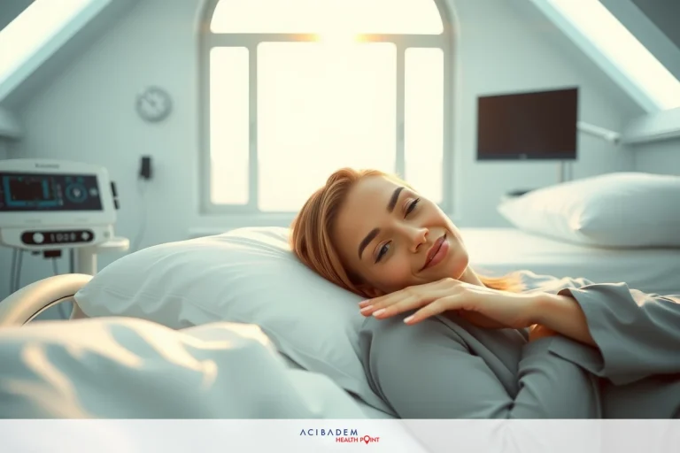 The image shows a woman in a hospital bed, looking content and resting with her head on a pillow. The room has natural light from a window to the left, creating a warm atmosphere. The focus is on the woman's serene expression and the sense of comfort she seems to be experiencing.