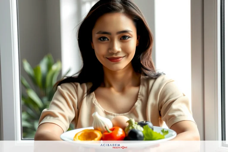 Smiling woman holding a plate of healthy food with fresh fruits and vegetables, promoting nutrition and well-being.