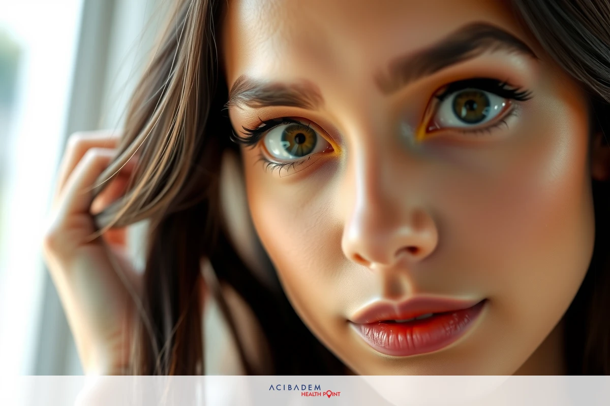 A woman with makeup on her eyes and lips, looking directly at the camera. Her skin tone is light and she appears to have long eyelashes.
