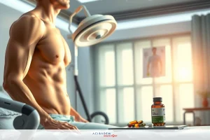 The image depicts a shirtless male character in what appears to be a hospital or medical setting. He is lying down with his head resting on a pillow, possibly experiencing some sort of medical examination. The environment includes elements like a medical lamp and various medical equipment. The color palette is muted with a predominance of whites and blues creating a sterile atmosphere.