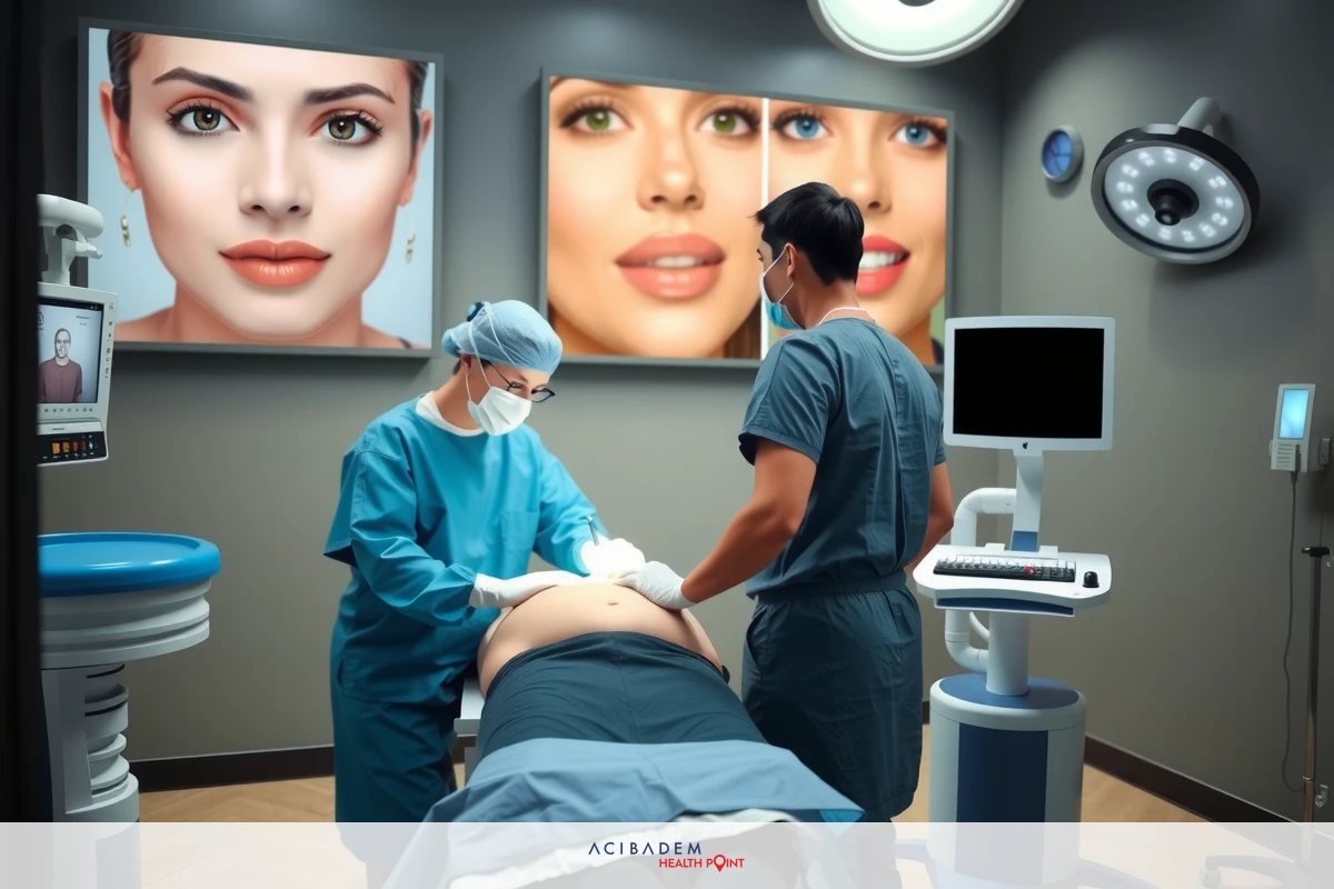 A medical environment with a surgeon performing a procedure, an assistant assisting, and diagnostic equipment around. The wall is adorned with advertisements of cosmetic procedures featuring the same surgeon's face.